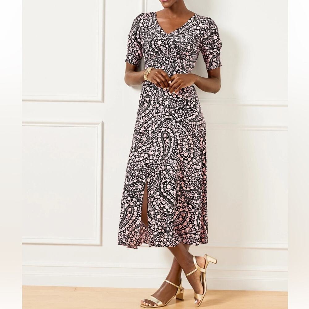Talbots Black and Pink Paisley Midi Dress